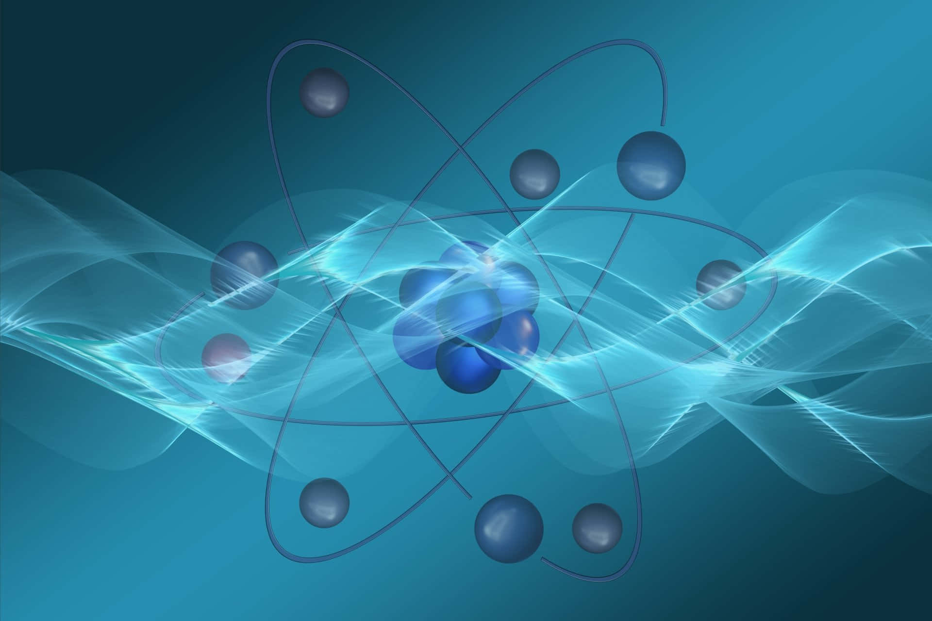 Physics 桌布 壁紙 — 發光藍色原子，帶有軌道球體和流動能量波，背景為漸層青綠色。