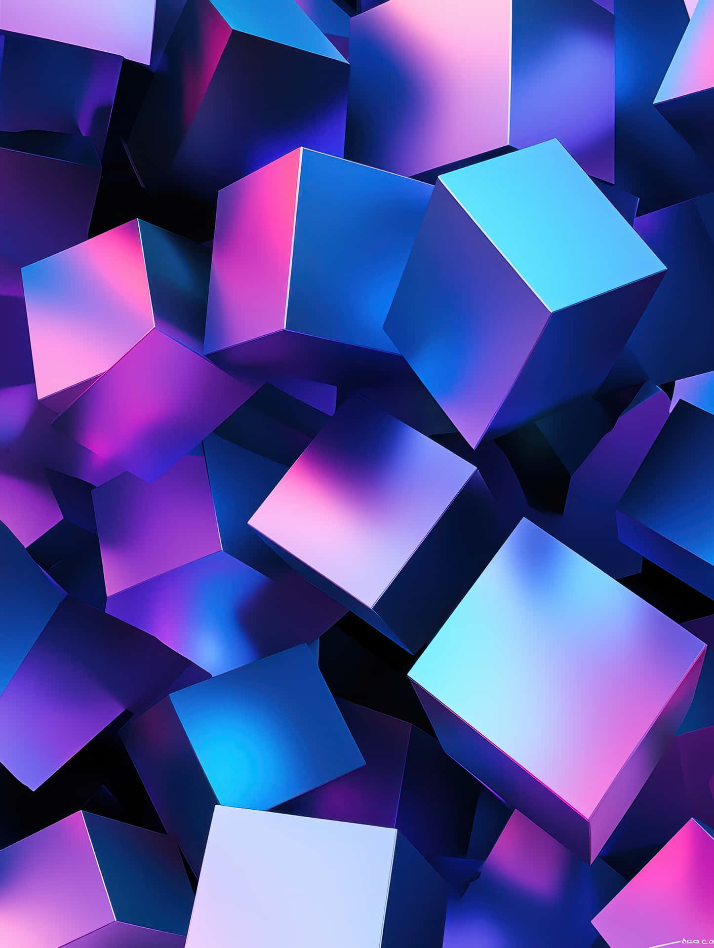 Vibrant Abstract 3D Design with Gradient Cubes in Neon Blue and Pink 壁紙 — 發光藍色和紫色立方體聚集在動態幾何圖案中的抽象3D渲染。