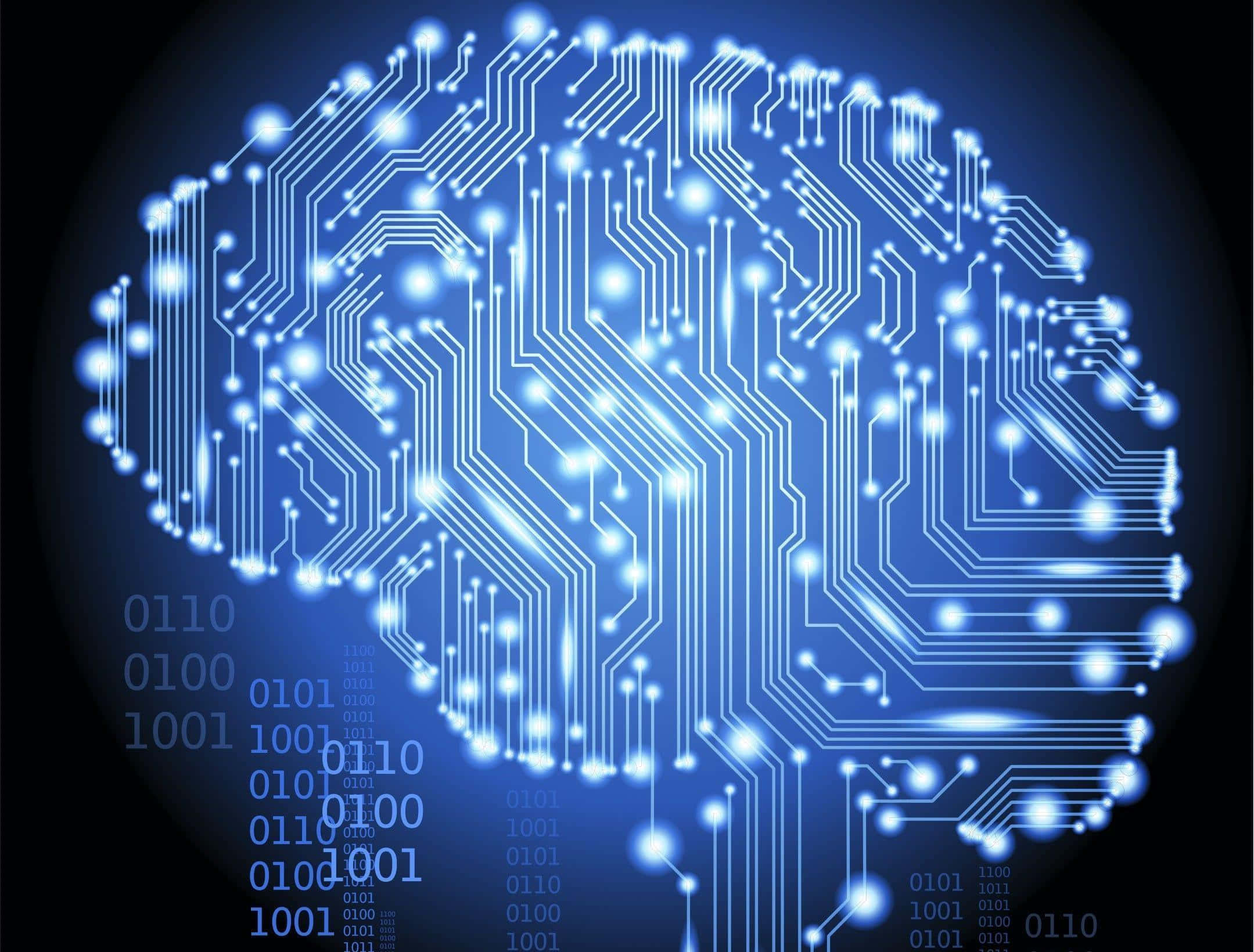 AI 桌布 壁紙 — 發光藍色大腦形狀的電路板，二進制代碼在黑暗背景中漂浮環繞。