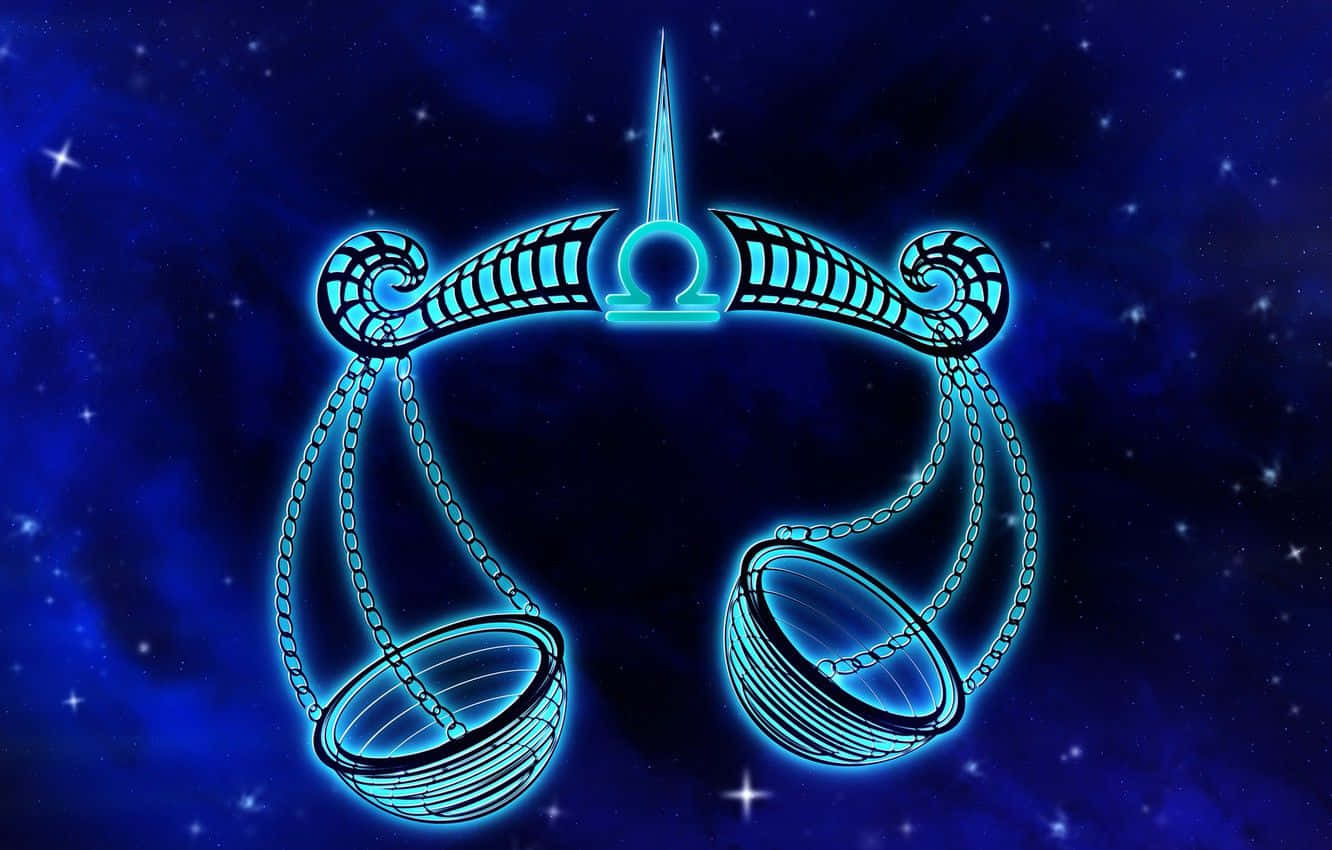libra 桌布 壁紙 — 發光藍色天秤座星座秤漂浮在星雲點綴的星空宇宙夜空。