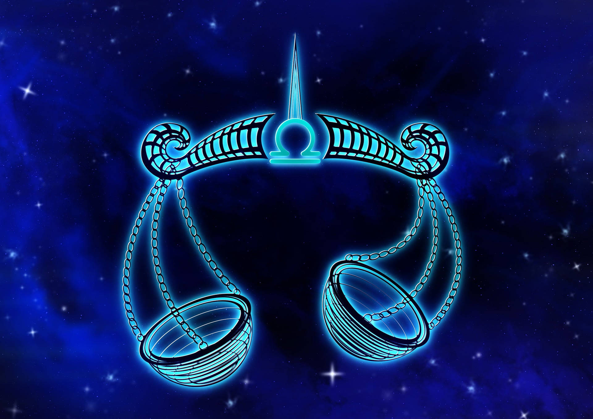 zodiac 桌布 壁紙 — 發光藍色天秤座星座符號，帶有複雜的鏈條和秤盤，襯以繁星點點的宇宙夜空。