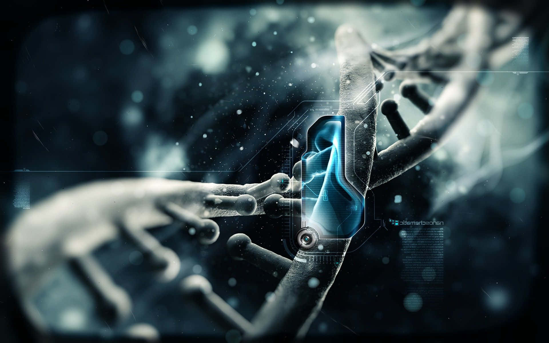 biology 桌布 壁紙 — 發光藍色數位介面覆蓋在DNA雙螺旋結構上，背景為黑暗未來風格。