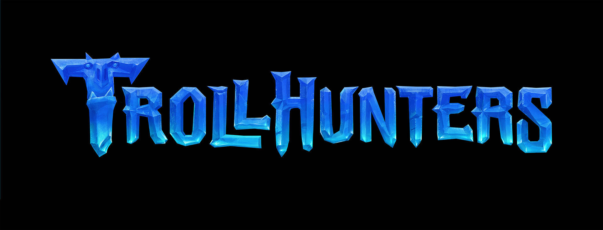 trollhunters tales of arcadia 桌布 壁紙 — 發光藍色水晶文字拼出 Trollhunters，背景為黑色。