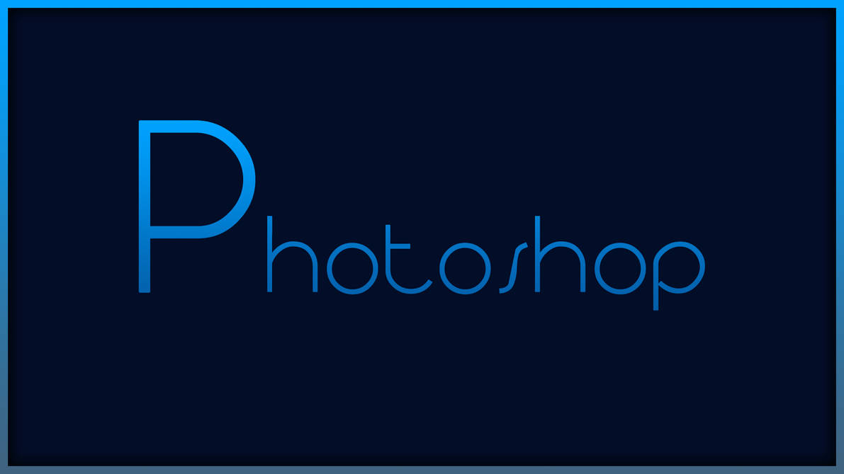 桌布 壁紙 — 發光藍色漸變文字的Photoshop標誌，居中於深海軍藍背景上，帶有細藍色邊框。