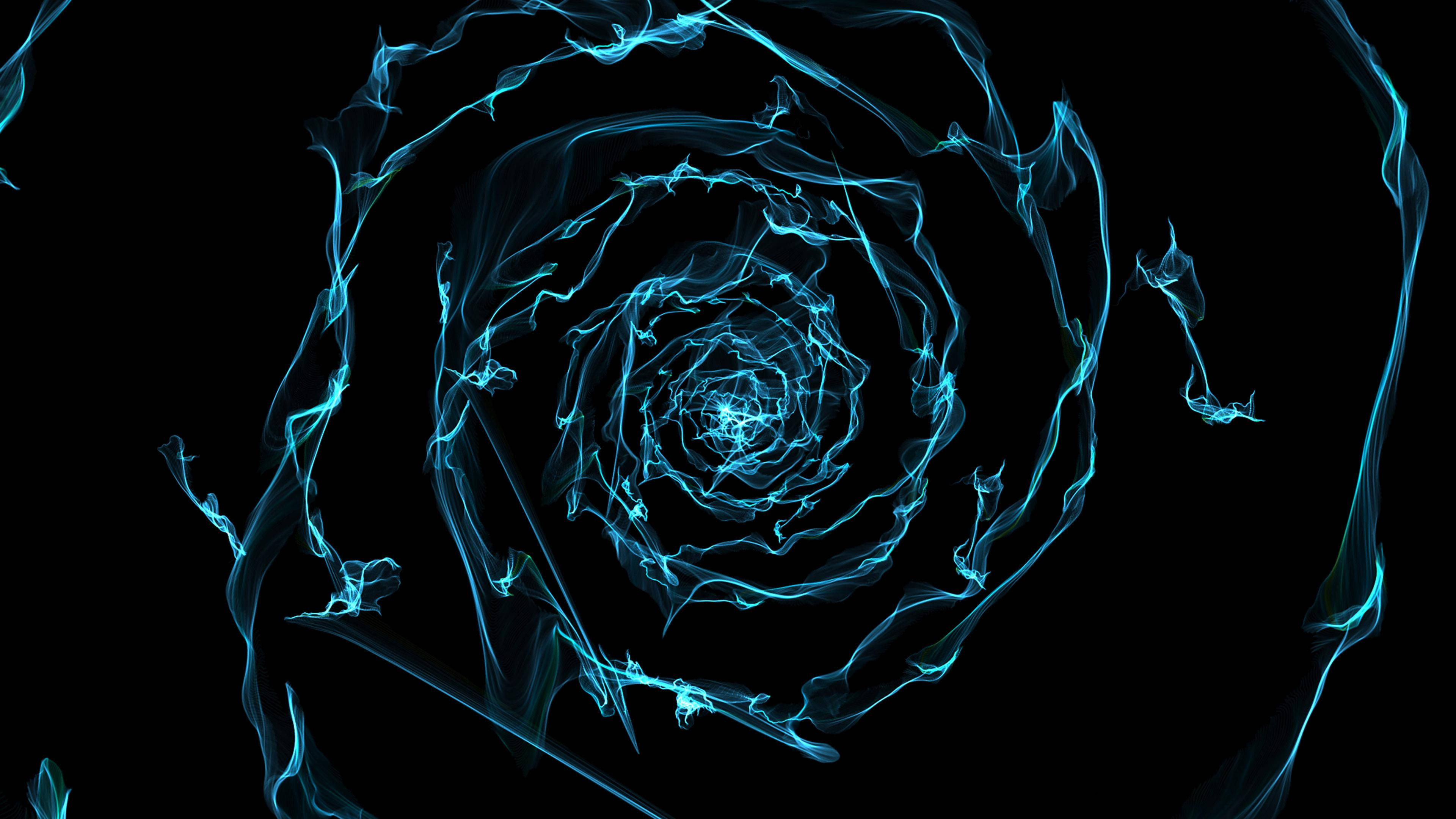 Spiral 桌布 壁紙 — 發光藍色碎形螺旋在黑色虛空中向內旋轉，形成迷人的數位漩渦。