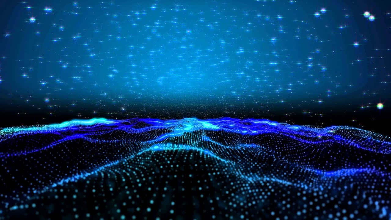 Particles 桌布 壁紙 — 發光藍色粒子的數位景觀在星空宇宙天空下形成起伏的波浪。