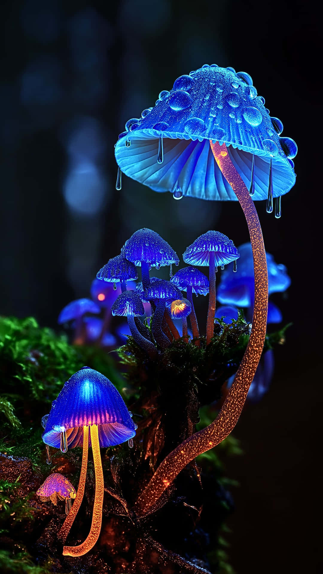 Enchanting bioluminescent mushrooms glowing vividly with water droplets in a dark forest 壁紙 — 發光藍色蘑菇帶有露珠，懸掛在纖細的莖上，周圍是黑暗的苔蘚，在神秘的森林中。