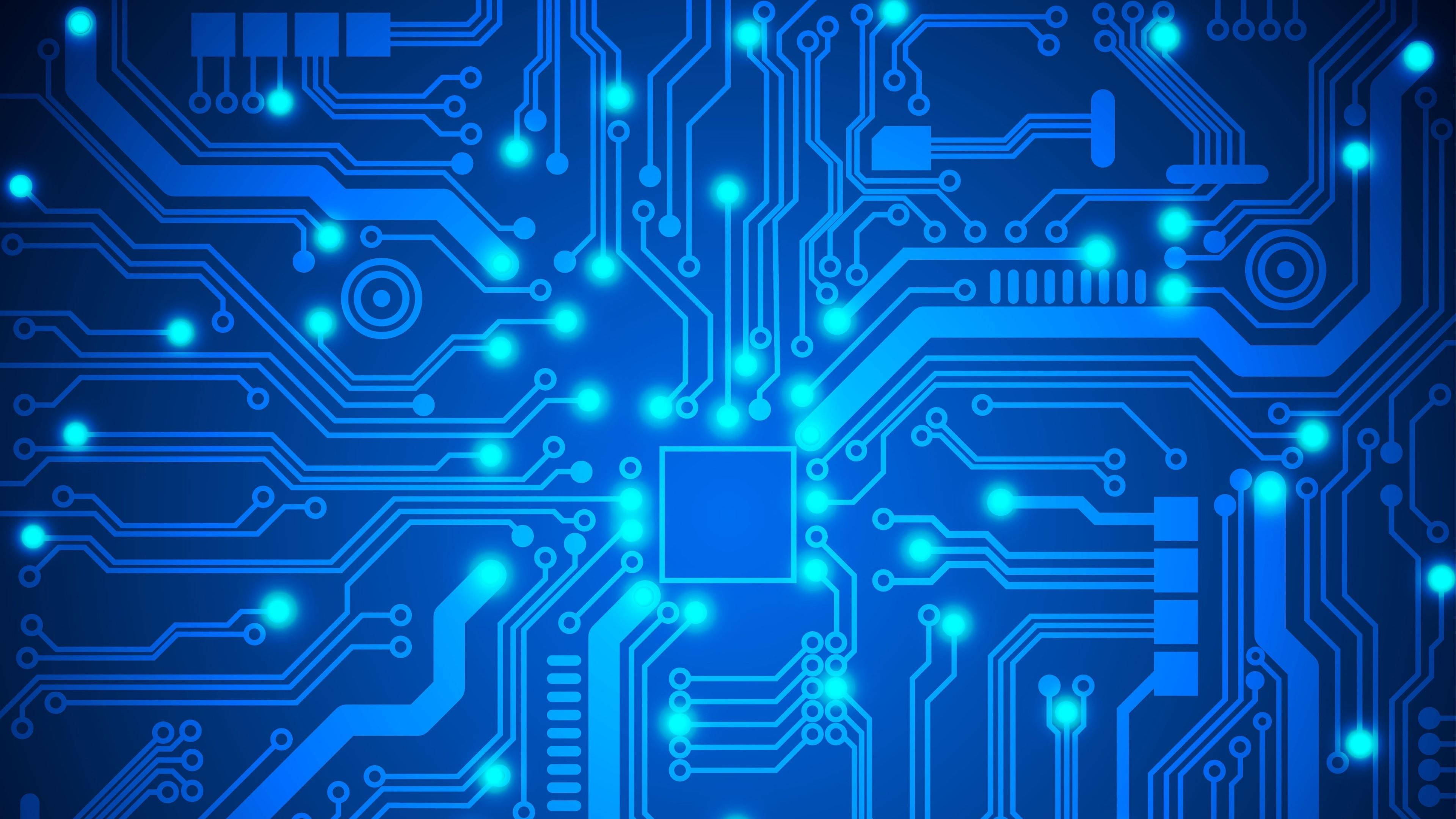 Circuit 桌布 壁紙 — 發光藍色電路板，帶有複雜路徑和從中央晶片輻射出的明亮霓虹點。