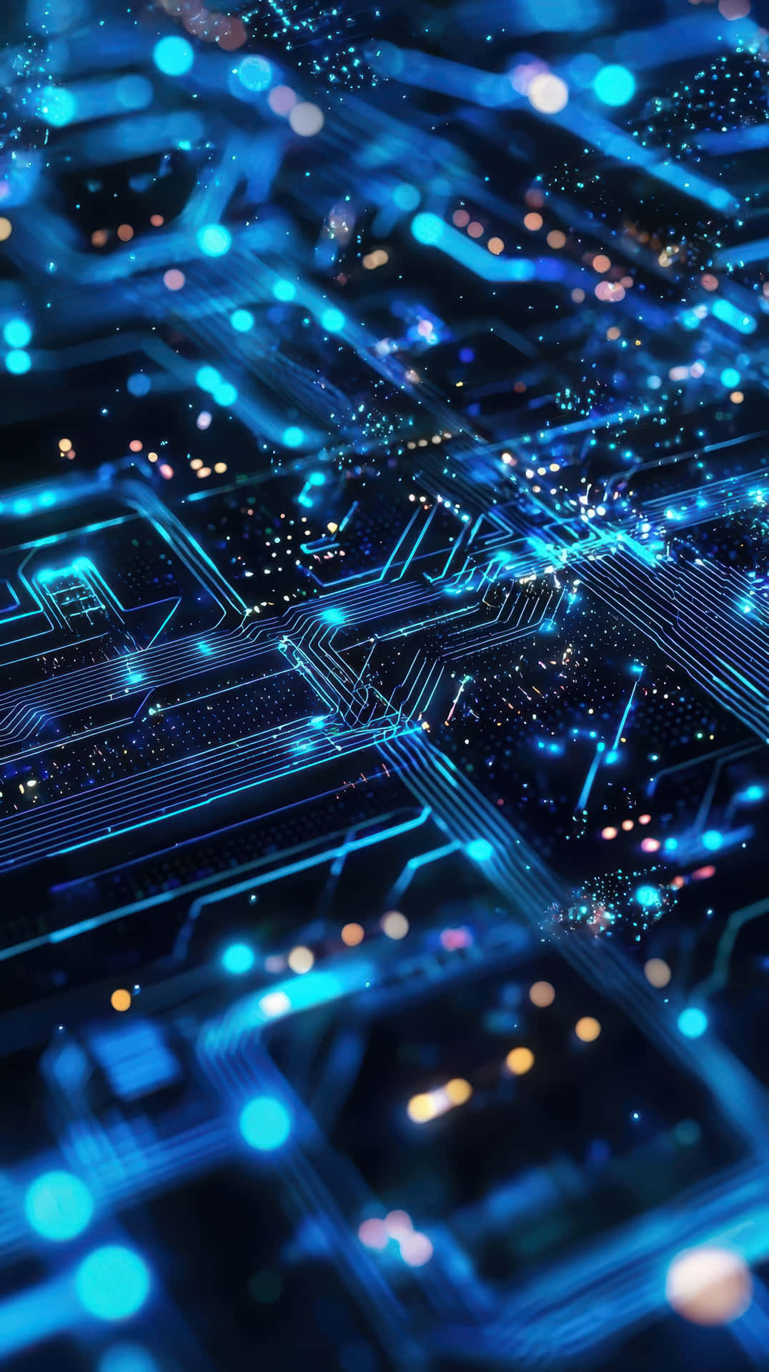 Futuristic glowing blue circuit board with technology connections 壁紙 — 發光藍色電路板，帶有複雜路徑和閃爍光粒子，營造出未來數位景觀。