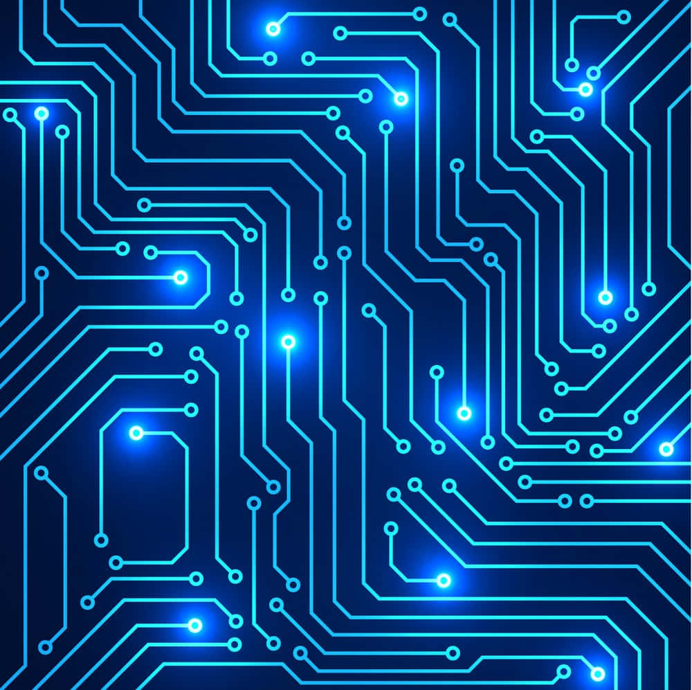 Circuit 桌布 壁紙 — 發光藍色電路板圖案，帶有發光節點，背景為深色。