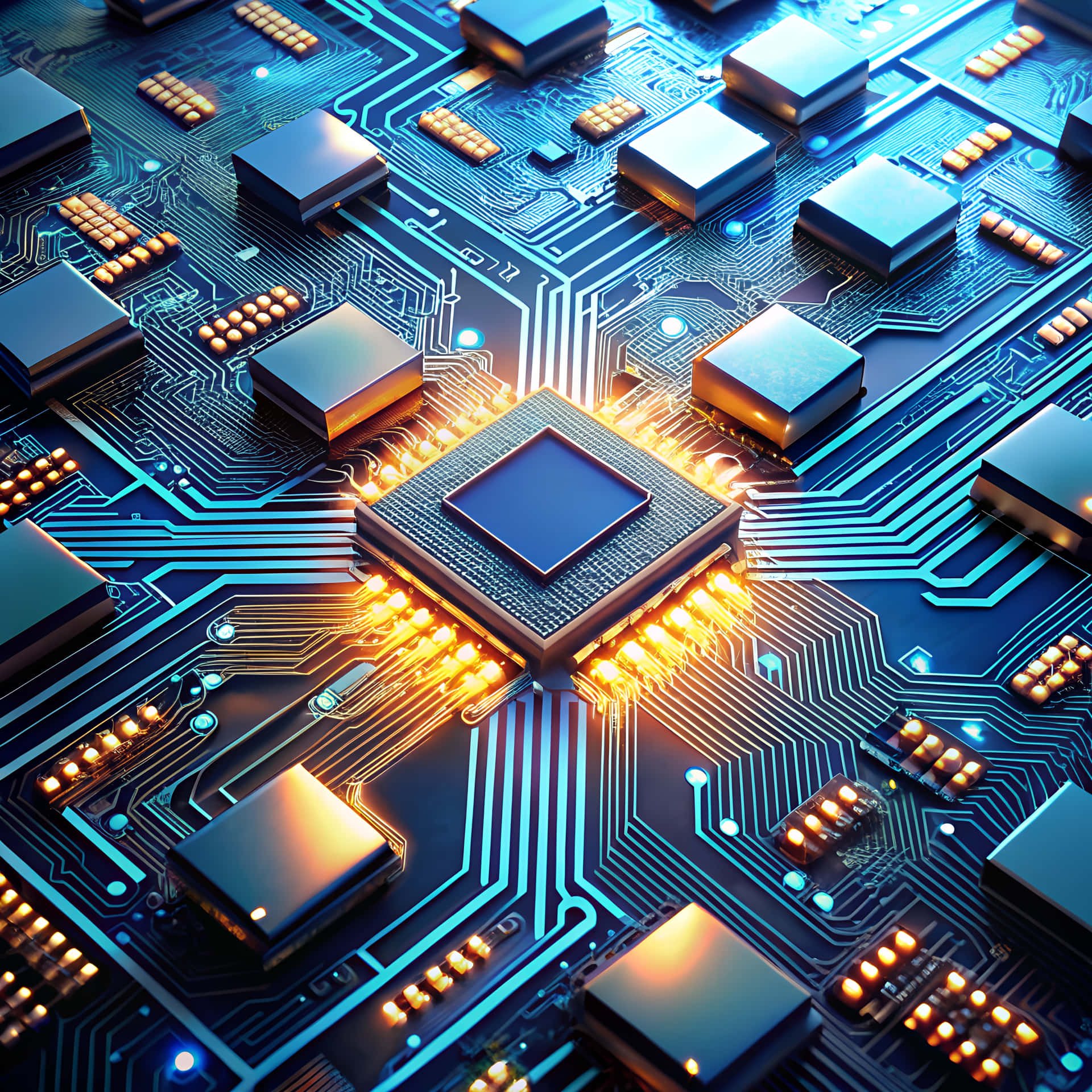 Microchip 壁紙 — 發光藍色電路板的特寫，中央處理器沿其路徑發出金色光芒。