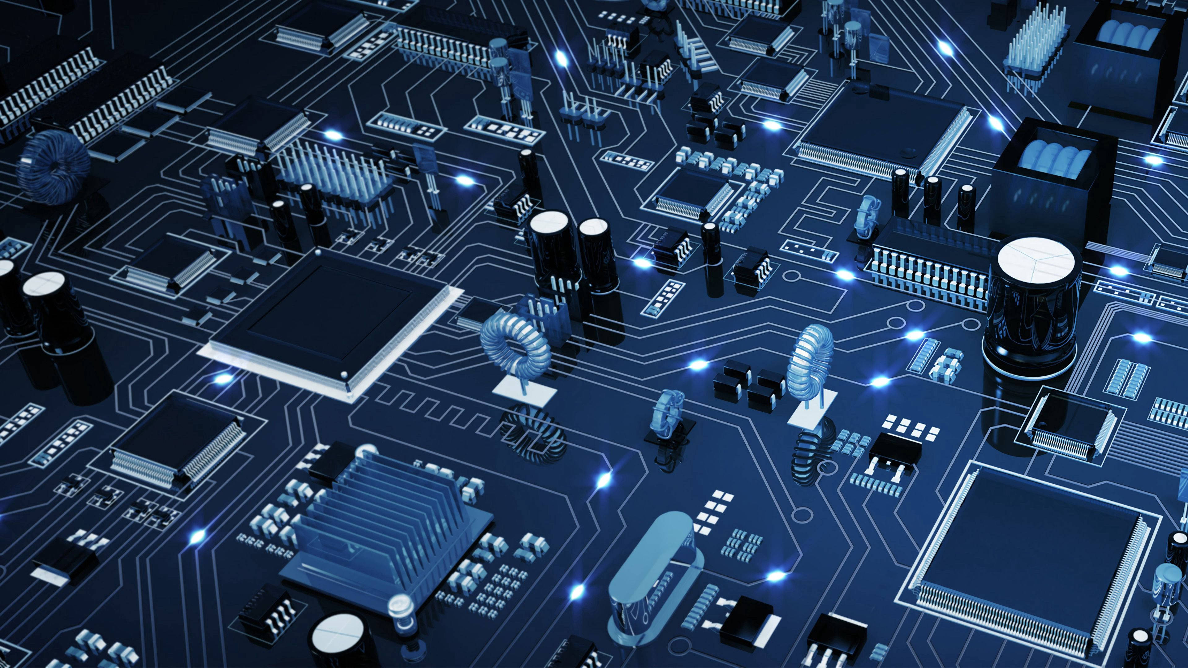 Processor 桌布 壁紙 — 發光藍色電路板的特寫，具有複雜的路徑和發光的組件。