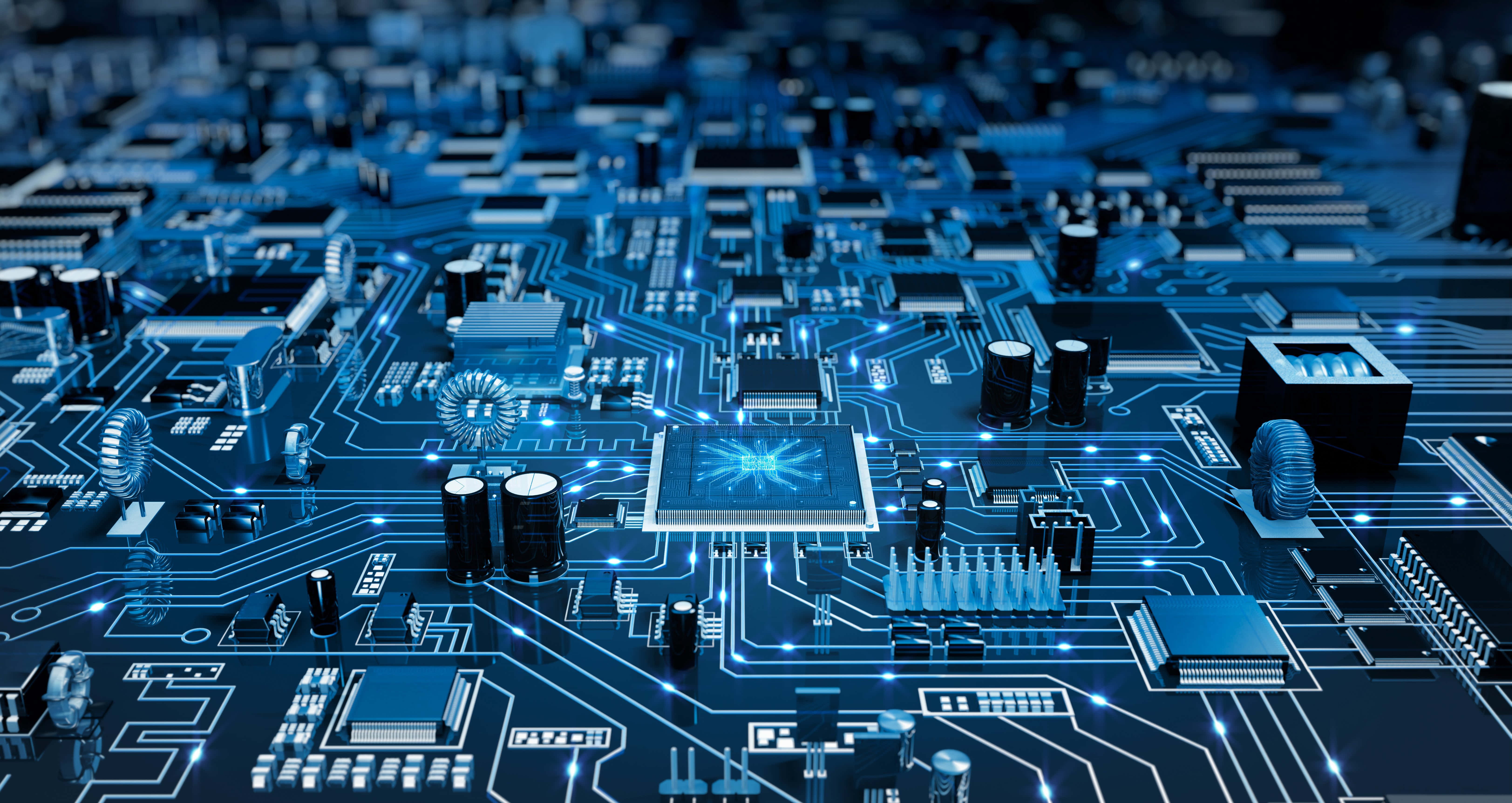 Motherboard 桌布 壁紙 — 發光藍色電路板的特寫，帶有複雜的線路和發光元件。