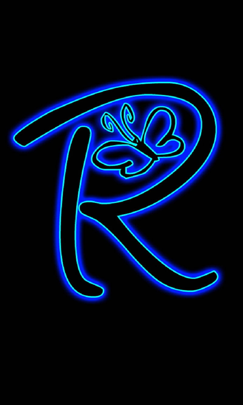 R 桌布 壁紙 — 發光藍色霓虹字母R，曲線內有一隻蝴蝶，背景為黑色。