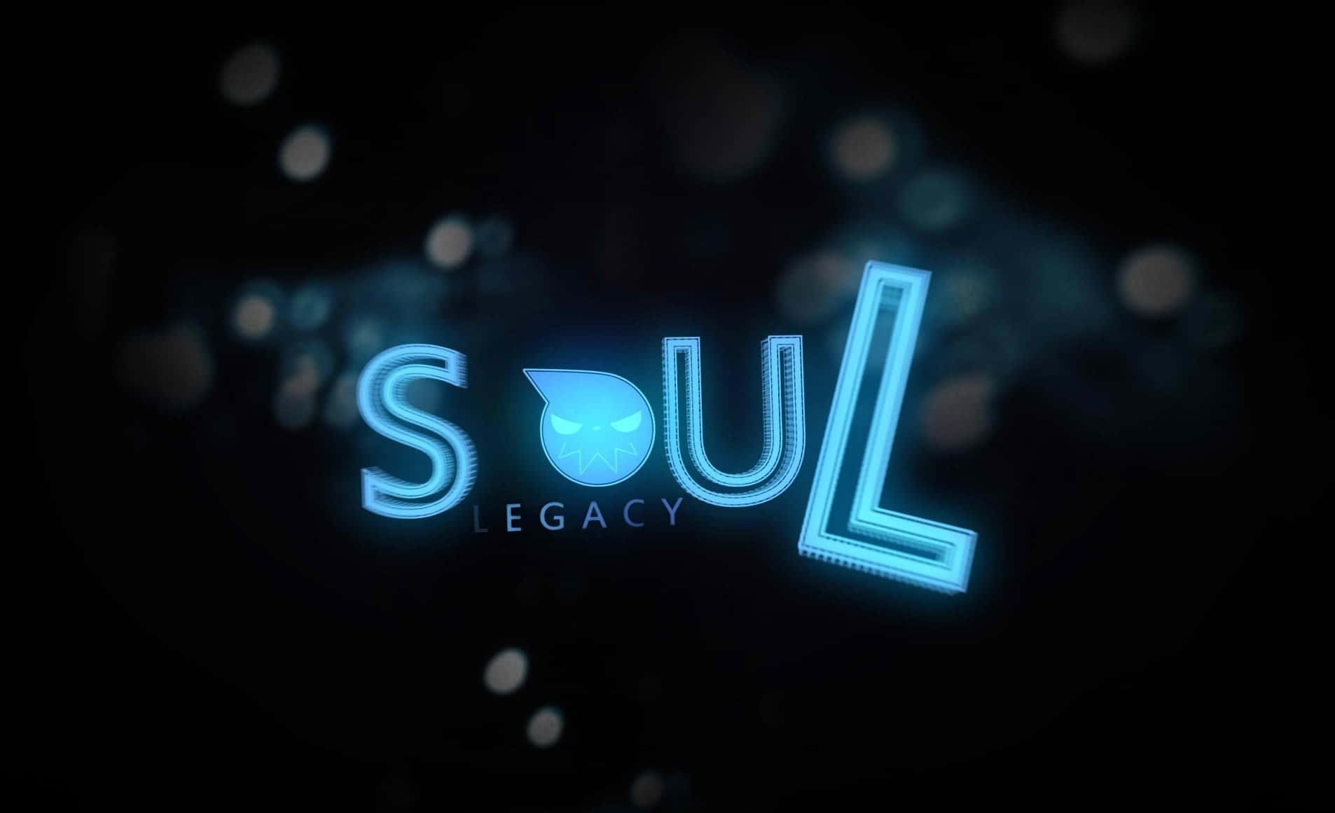 靈魂 桌布 壁紙 — 發光藍色霓虹燈文字拼出SOUL，其中O被骷髏頭取代，背景為暗色散景。