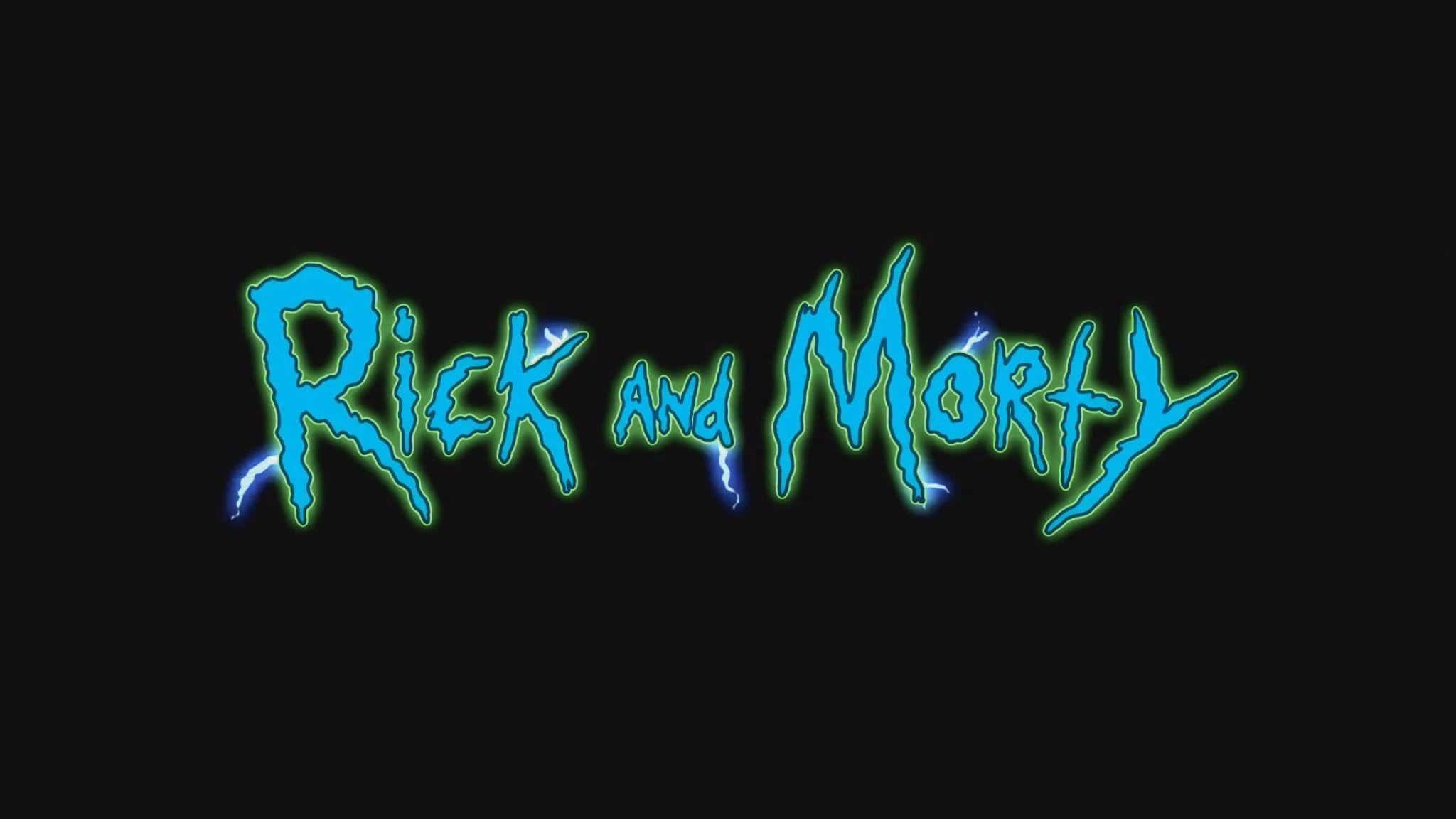 Rick And Morty Backwoods 桌布 壁紙 — 發光藍色霓虹風格的「Rick and Morty」標誌，帶有電火花，背景為黑色。