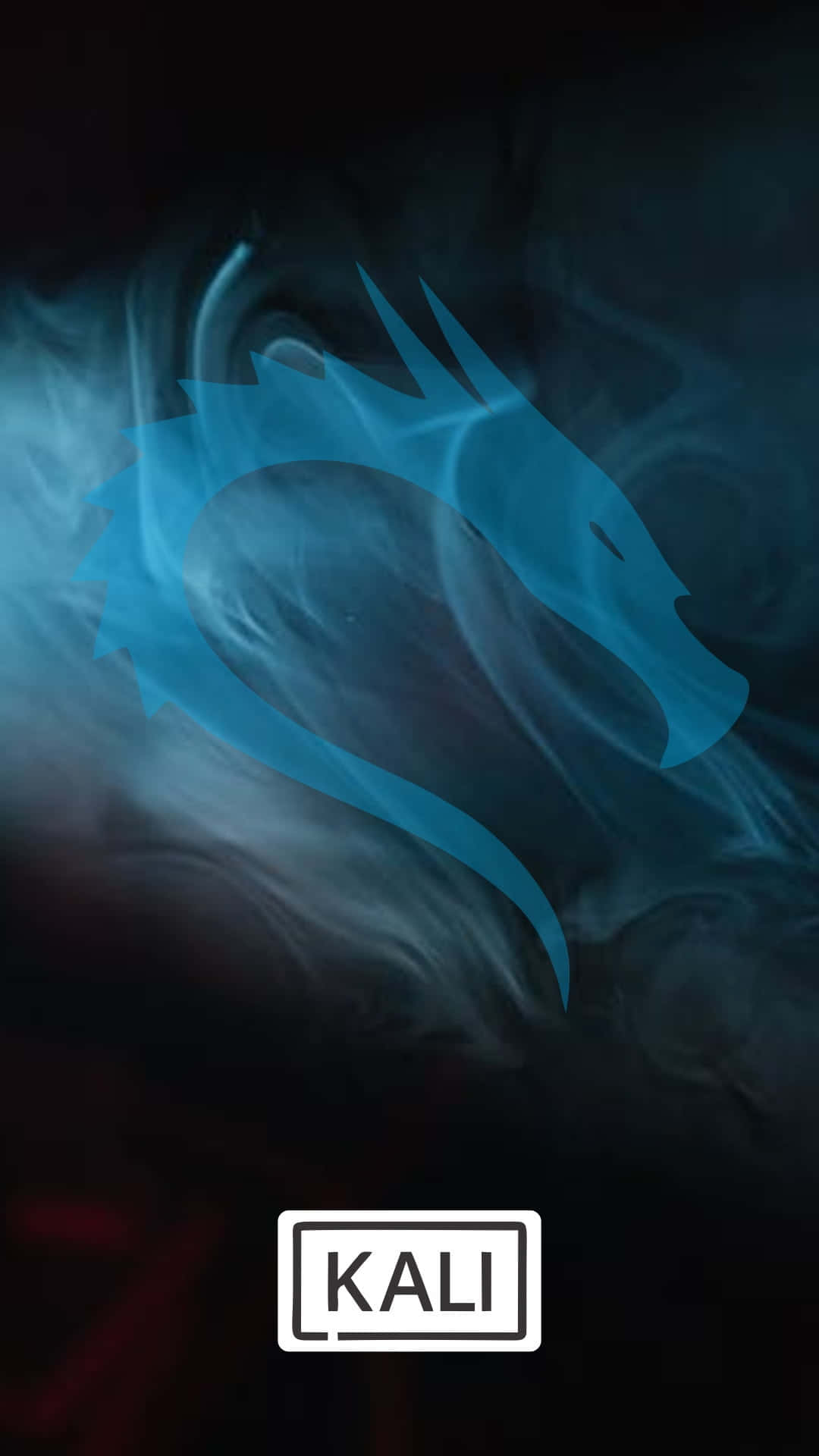 Kali Linux 桌布 壁紙 — 發光藍色龍剪影從旋轉煙霧中浮現，背景深色，下方有「KALI」標誌。