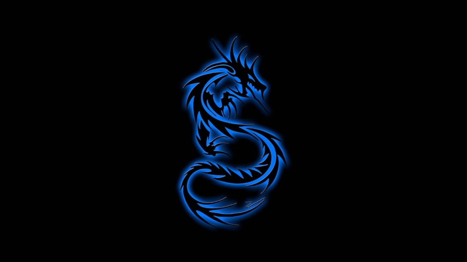 霓虹藍動畫 桌布 壁紙 — 發光藍色龍的剪影在純黑色背景上動態盤旋，散發出電能。