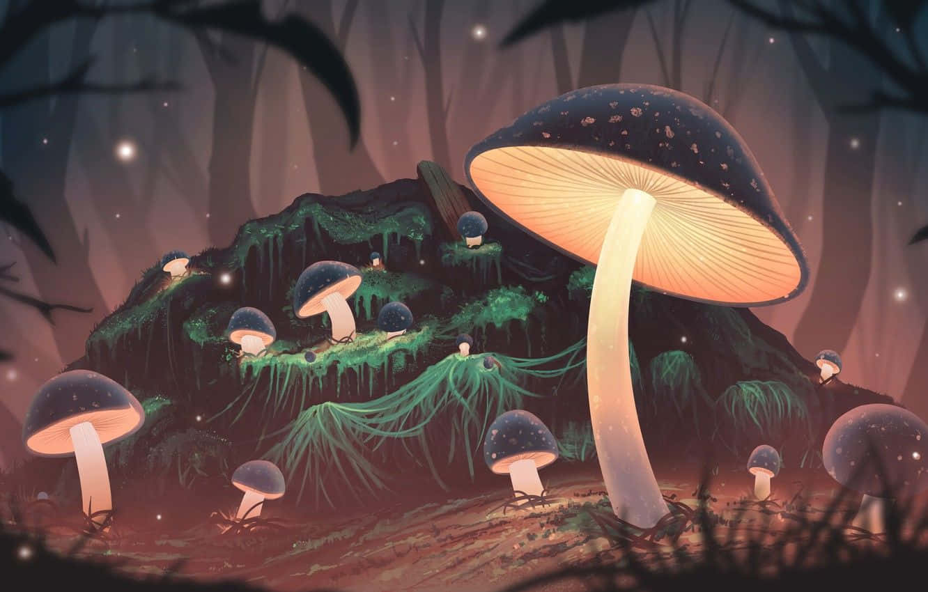 Magical Forest 桌布 壁紙 — 發光蘑菇在暮色樹冠下照亮神秘森林地面，伴隨著漂浮粒子。