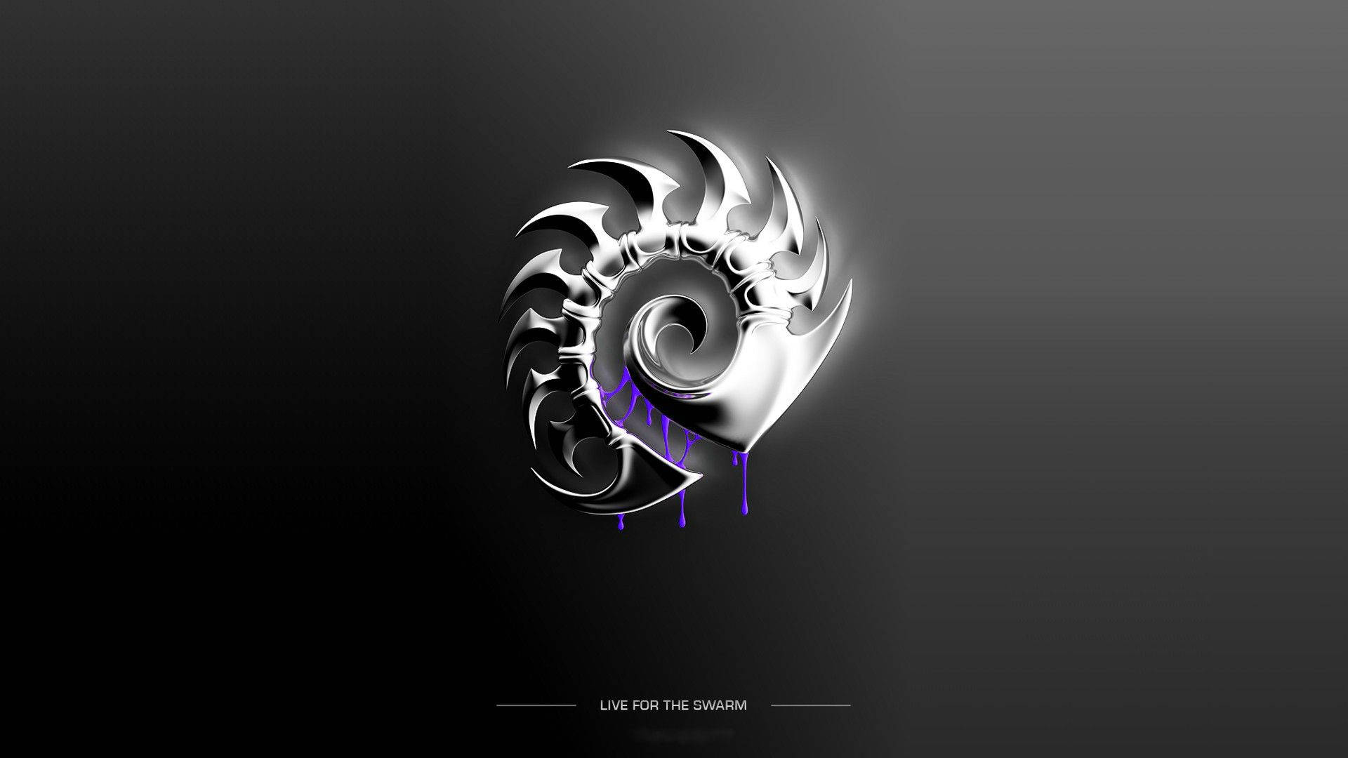 Starcraft 桌布 壁紙 — 發光金屬螺旋標誌，帶有尖銳的尖刺和紫色滴落，背景為深色漸變。