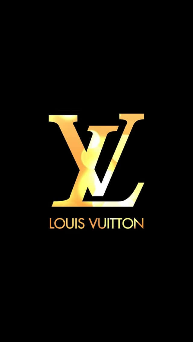 桌布 壁紙 — 發光金色 Louis Vuitton 標誌居中於純黑色背景上，品牌名稱在下方。