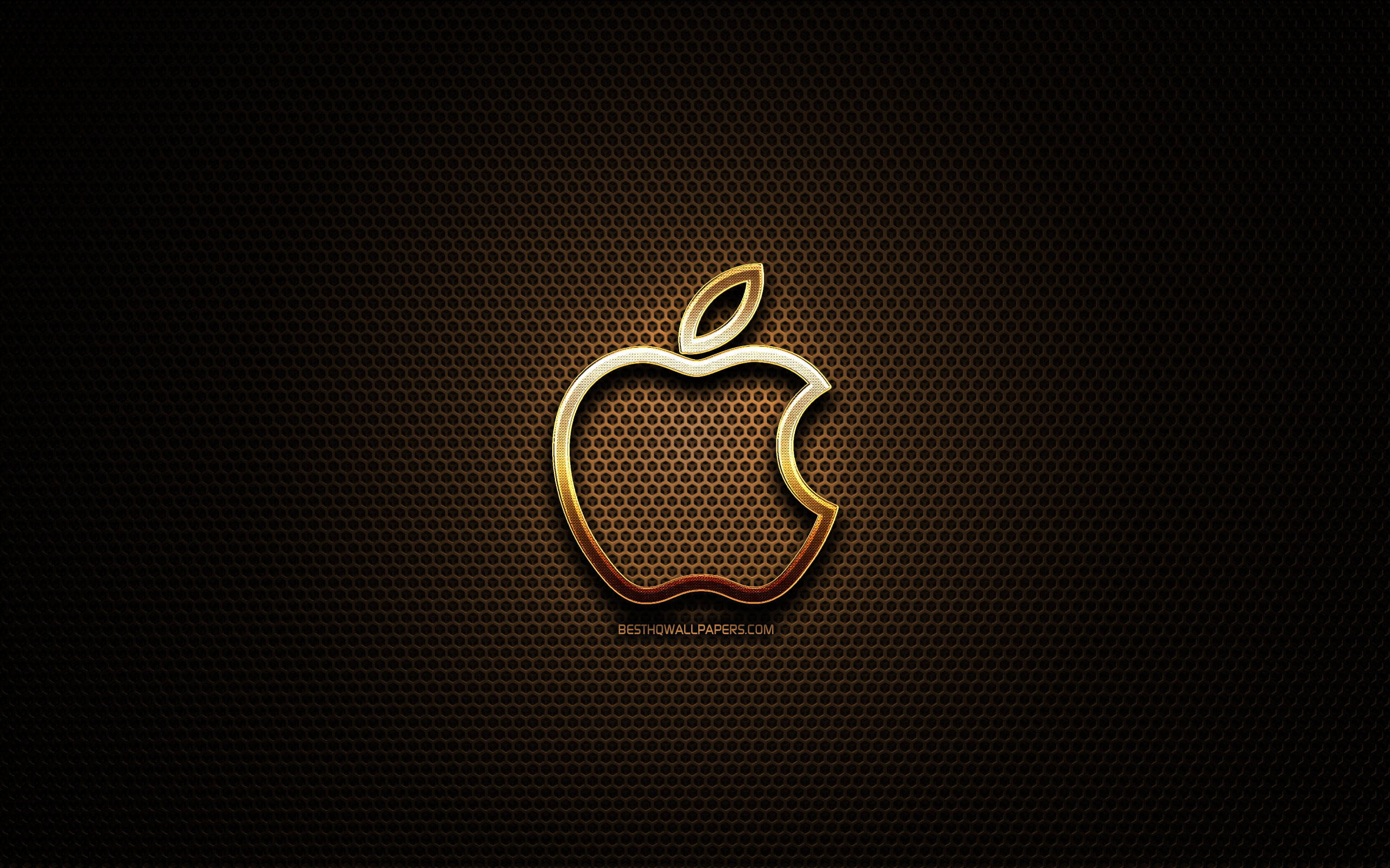 六邊形 桌布 壁紙 — 發光金色Apple標誌居中於深色紋理六角網格背景上。