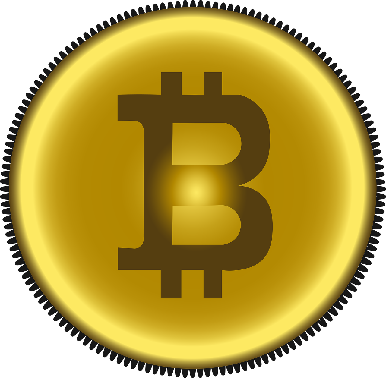 Cryptocurrency 桌布 壁紙 — 發光金色比特幣標誌置於黑色背景中央，帶有柔和放射光效。