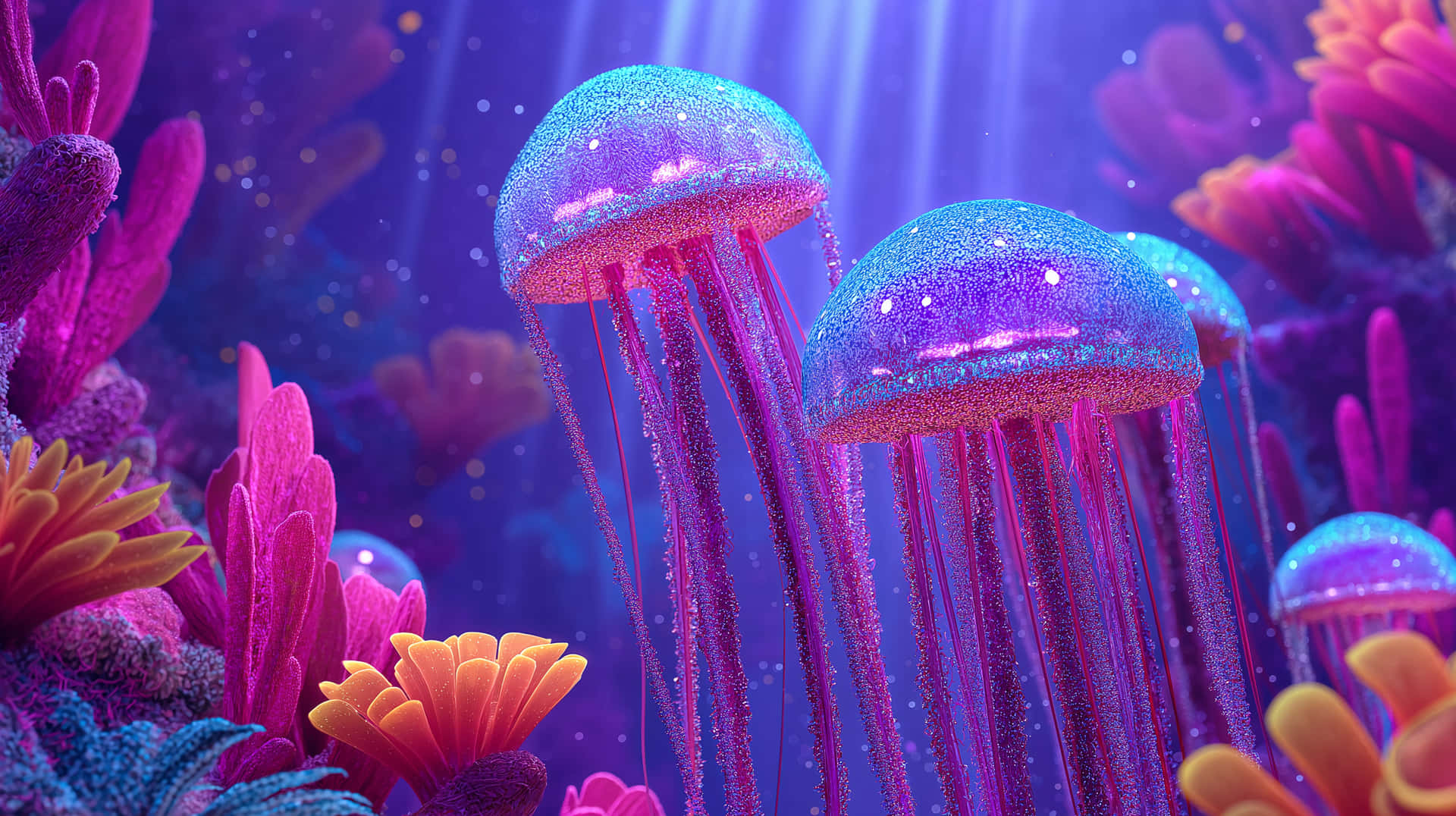 Sparkling Jellyfish in Enchanting Blue and Pink Coral 壁紙 — 發光閃爍的水母在深紫色海底場景中，於鮮豔的珊瑚間漂流，伴隨著陽光光束。