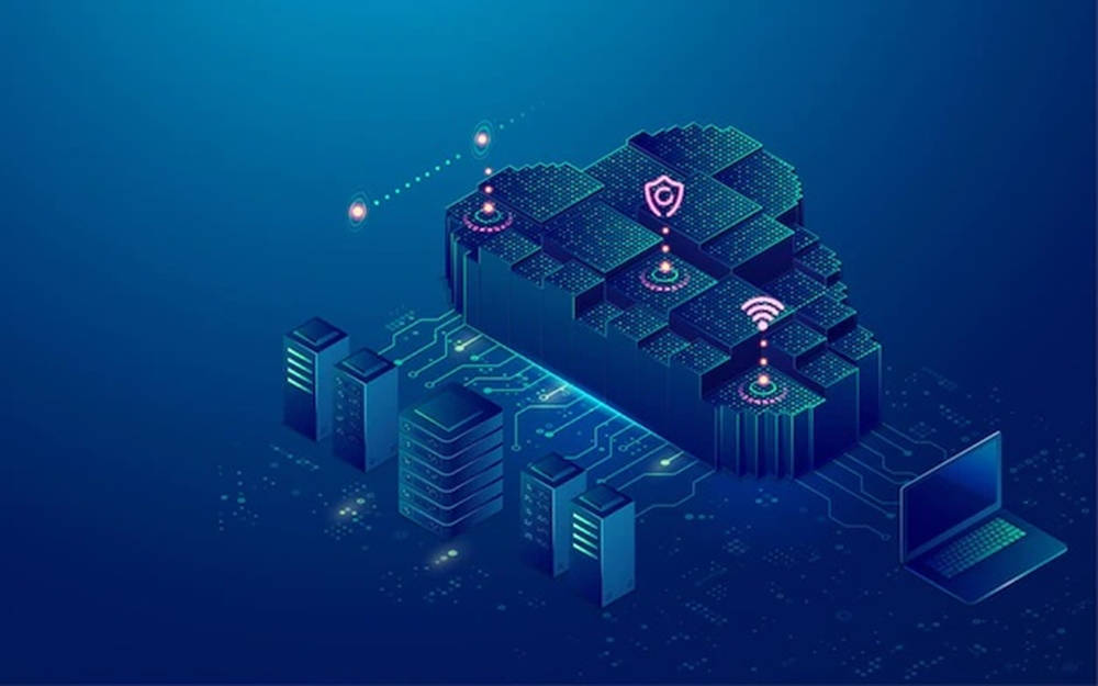 Internet 桌布 壁紙 — 發光雲端伺服器網路以霓虹電路連接筆記型電腦和資料中心的等距數位插圖。