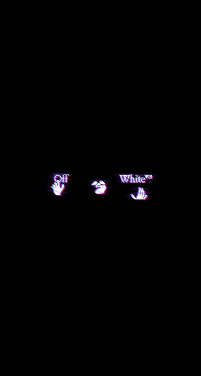 桌布 壁紙 — 發光霓虹 Off White 標誌，手形圖示居中，背景為純黑色。