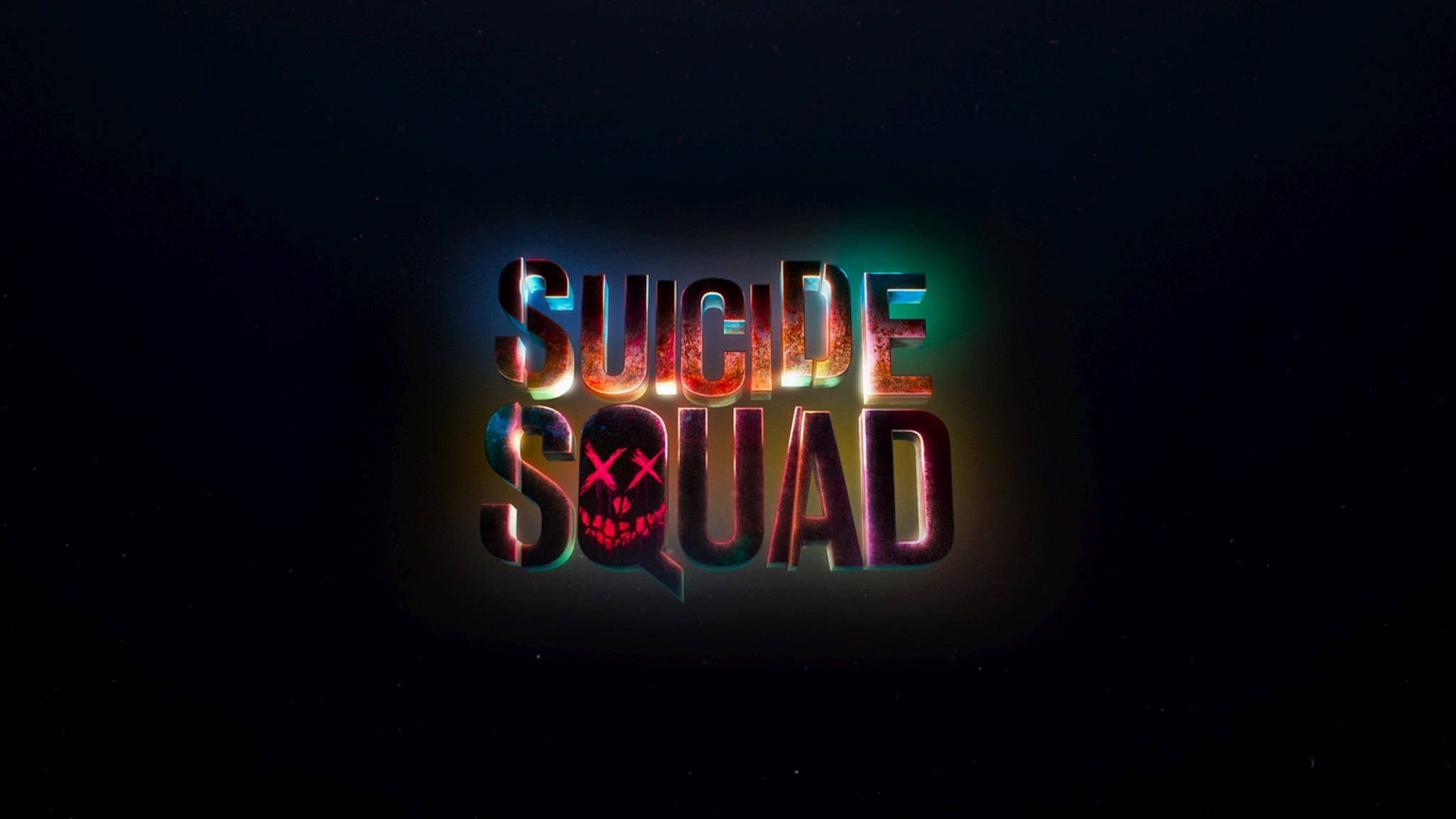 squad 桌布 壁紙 — 發光霓虹 'Suicide Squad' 標誌，帶有骷髏標誌，背景為星空黑色。