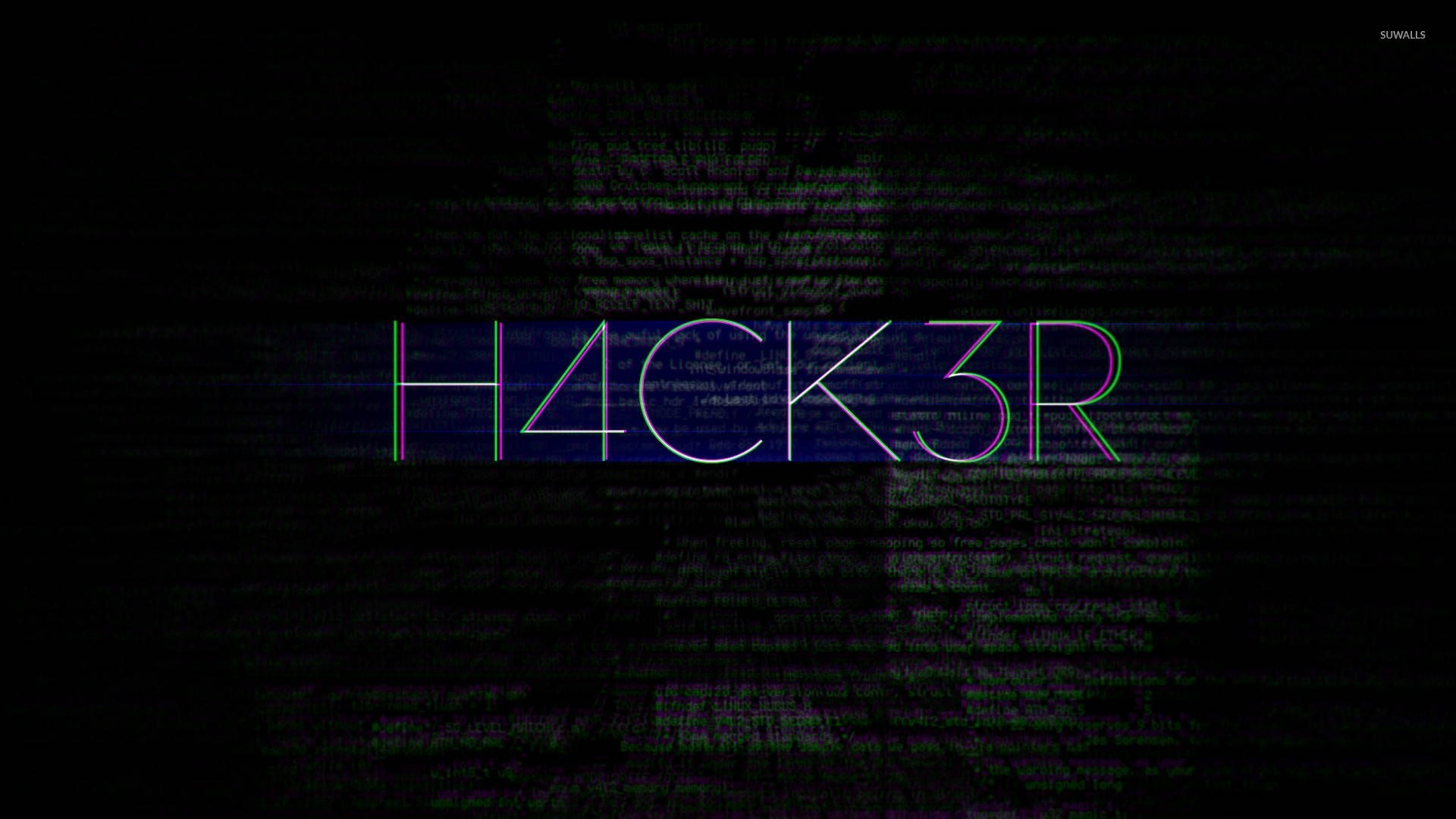 黑客 桌布 壁紙 — 發光霓虹文字 hack3r 漂浮在黑色數位背景上閃爍的綠色程式碼之上。
