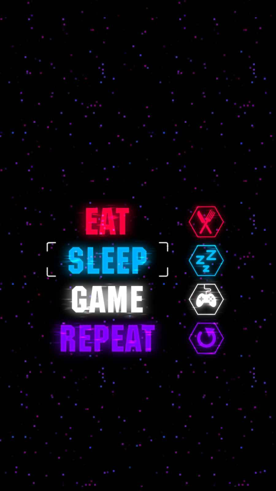 人像動態 桌布 壁紙 — 發光霓虹文字顯示 eat sleep game repeat，背景為黑暗星空並帶有遊戲圖標。