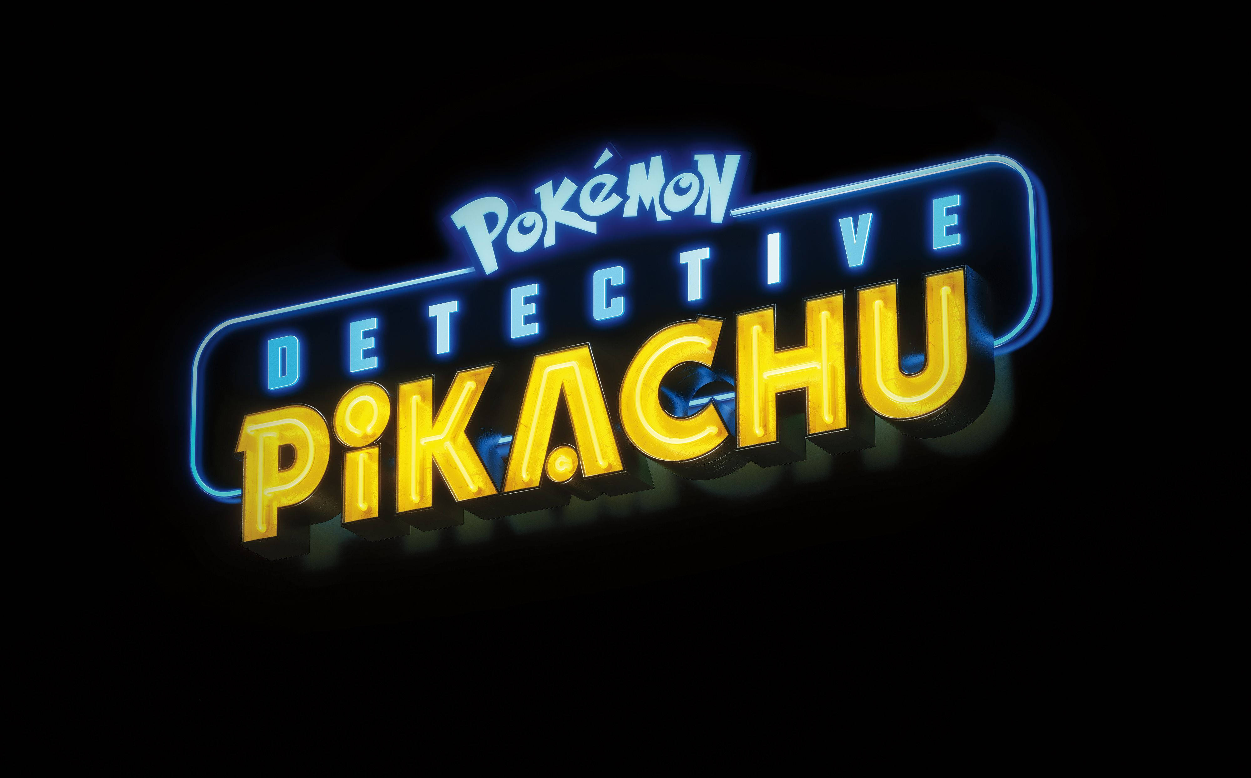 名偵探皮卡丘 桌布 壁紙 — 發光霓虹燈招牌，用於 Pokémon Detective Pikachu，藍色和黃色字體在黑色背景上。