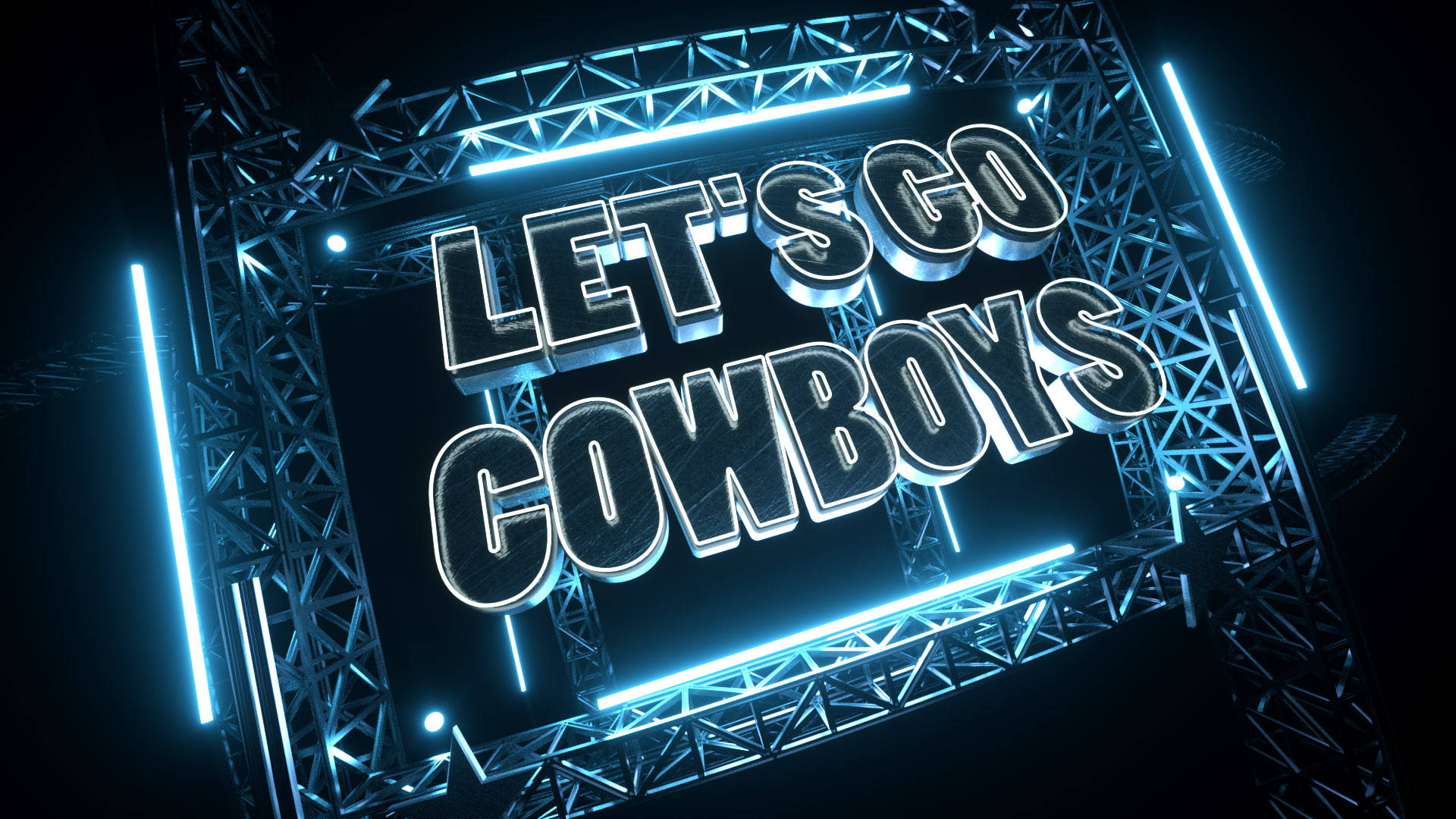 舞台桁架上帶有藍色燈光的霓虹燈牌寫著 LET'S GO COWBOYS。