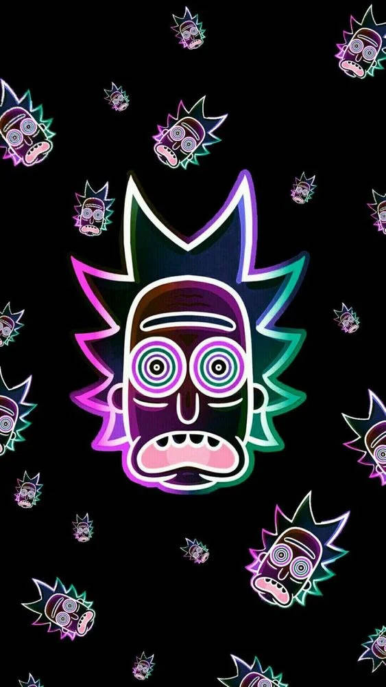 rick 桌布 壁紙 — 發光霓虹燈的 Rick Sanchez 面孔在黑色背景上以重複圖案漂浮。