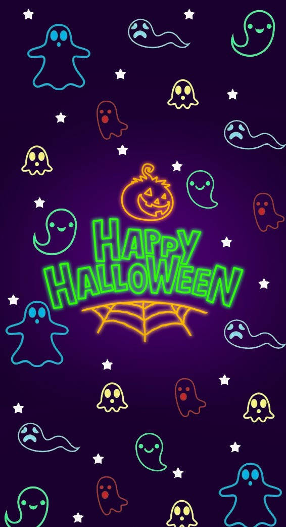 Happy Halloween 桌布 壁紙 — 發光霓虹燈的萬聖節鬼魂、南瓜和星星在深紫色背景上漂浮，並帶有'Happy Halloween'文字。