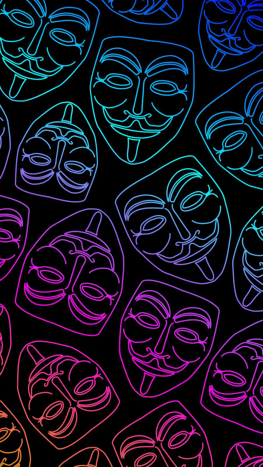 Anonymous iPhone 桌布 壁紙 — 發光霓虹燈蓋伊·福克斯面具，藍色、紫色和粉紅色，在黑色背景上形成充滿活力的重複圖案。