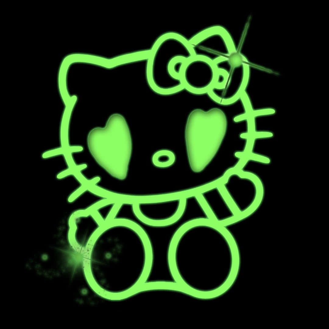 愛心 桌布 壁紙 — 發光霓虹綠色Hello Kitty輪廓，帶有心形眼睛和閃光，背景為黑色。