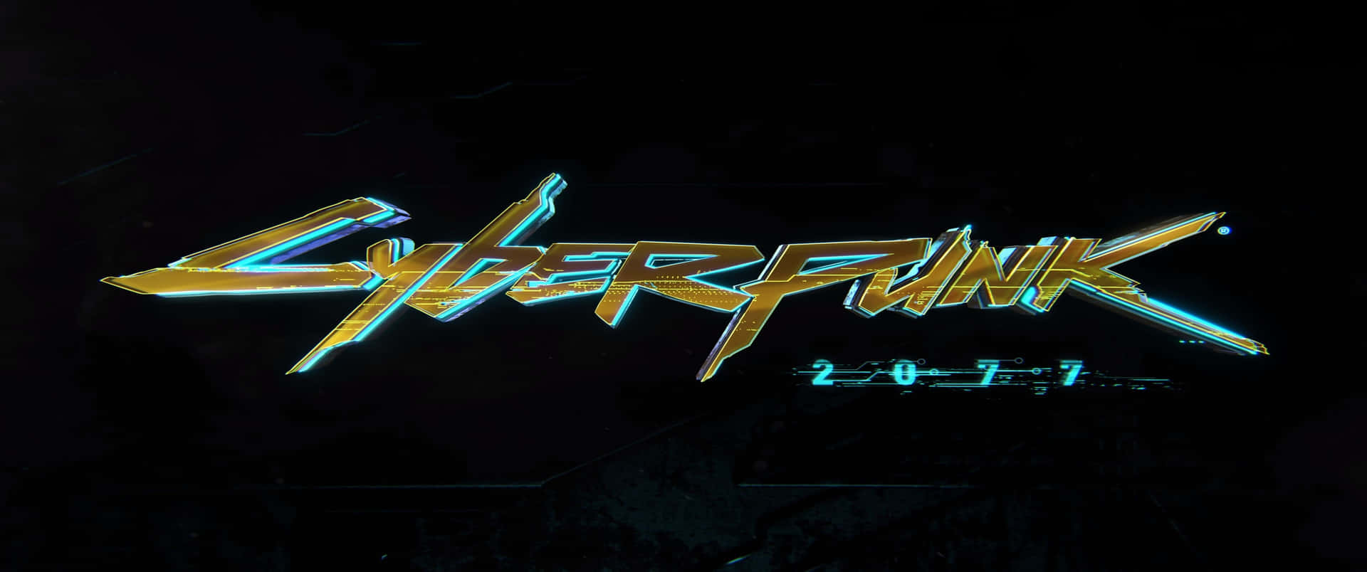 Cyberpunk 2077 桌布 壁紙 — 發光霓虹賽博龐克標誌，帶有金屬金色和電光藍色邊緣，襯托深色紋理背景。