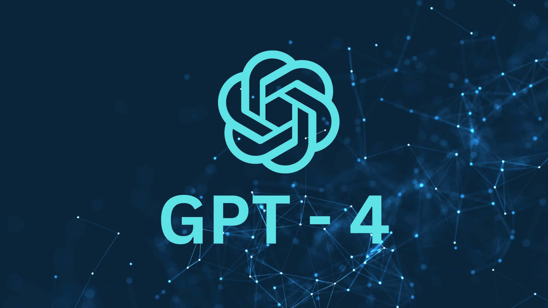 Gpt-4 桌布 壁紙 — 發光青色的GPT-4標誌，背景為深藍色網路，帶有連接的點和線。