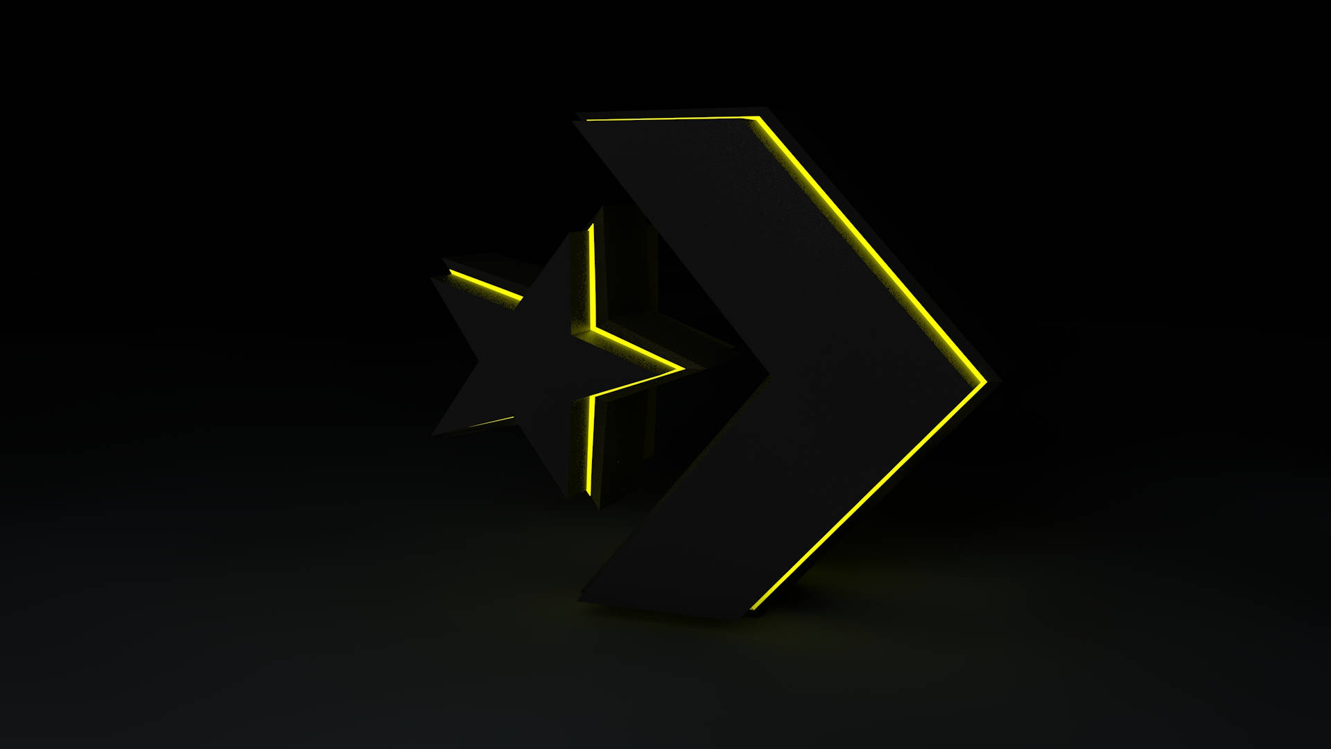 Converse Logo 桌布 壁紙 — 發光黃色星星和箭頭3D標誌在帶有柔和陰影的深色背景上脫穎而出。
