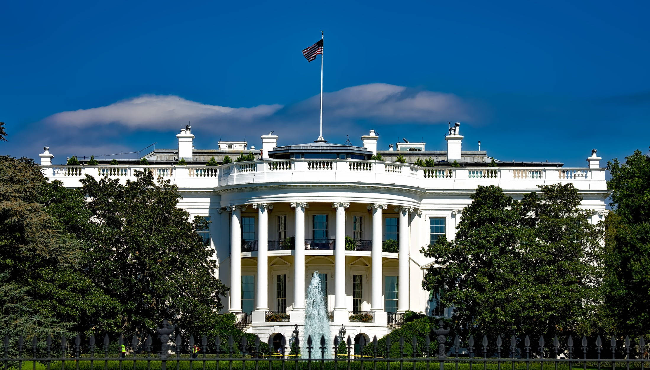 Washington 桌布 壁紙 — 白宮在晴朗的藍天下雄偉地矗立，前面有茂密的綠樹和噴泉。
