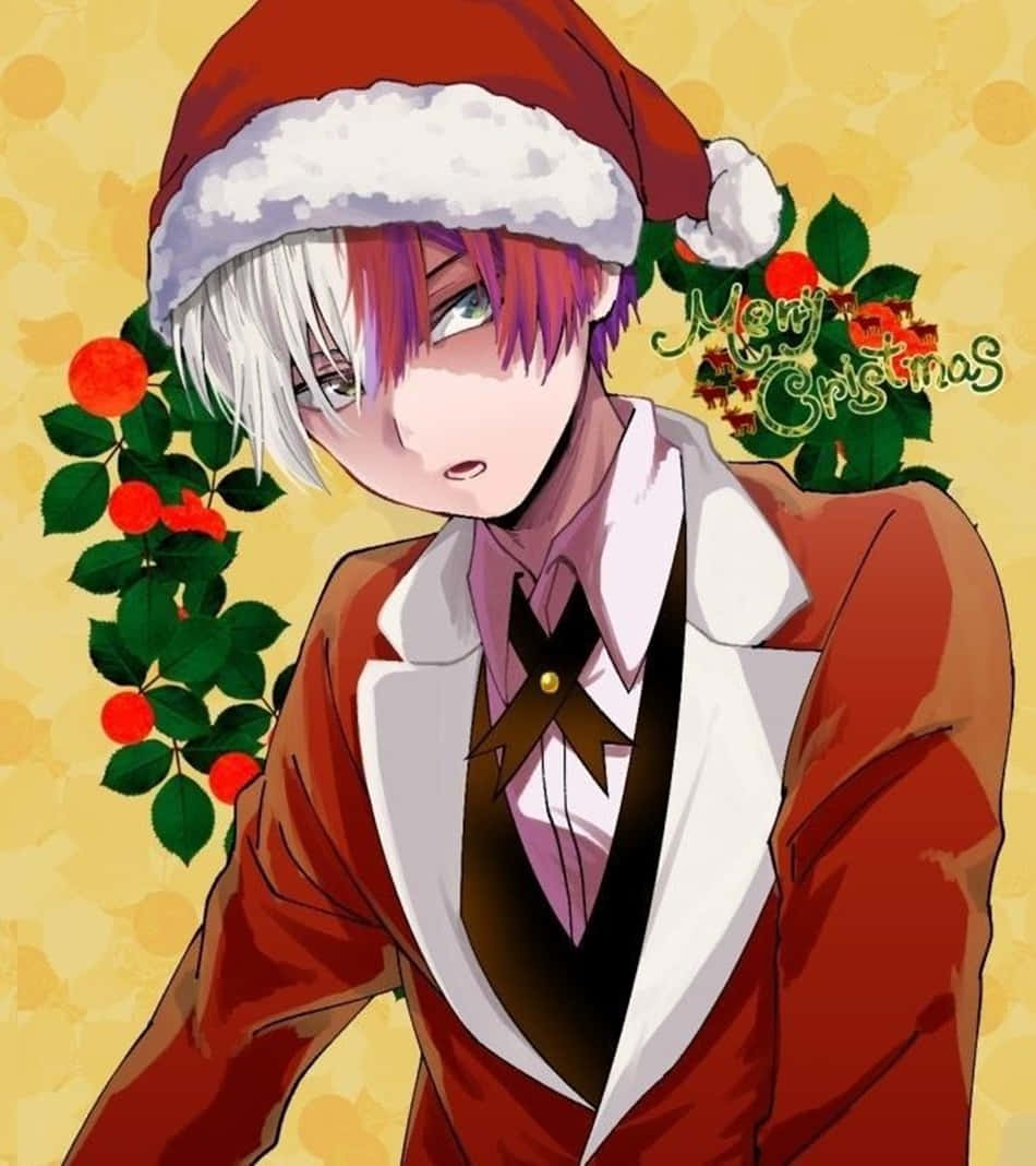 anime boys cute 桌布 壁紙 — 白紫髮的動漫男孩戴著紅色聖誕帽和套裝，站在節日冬青花環旁，背景是溫暖的黃色。