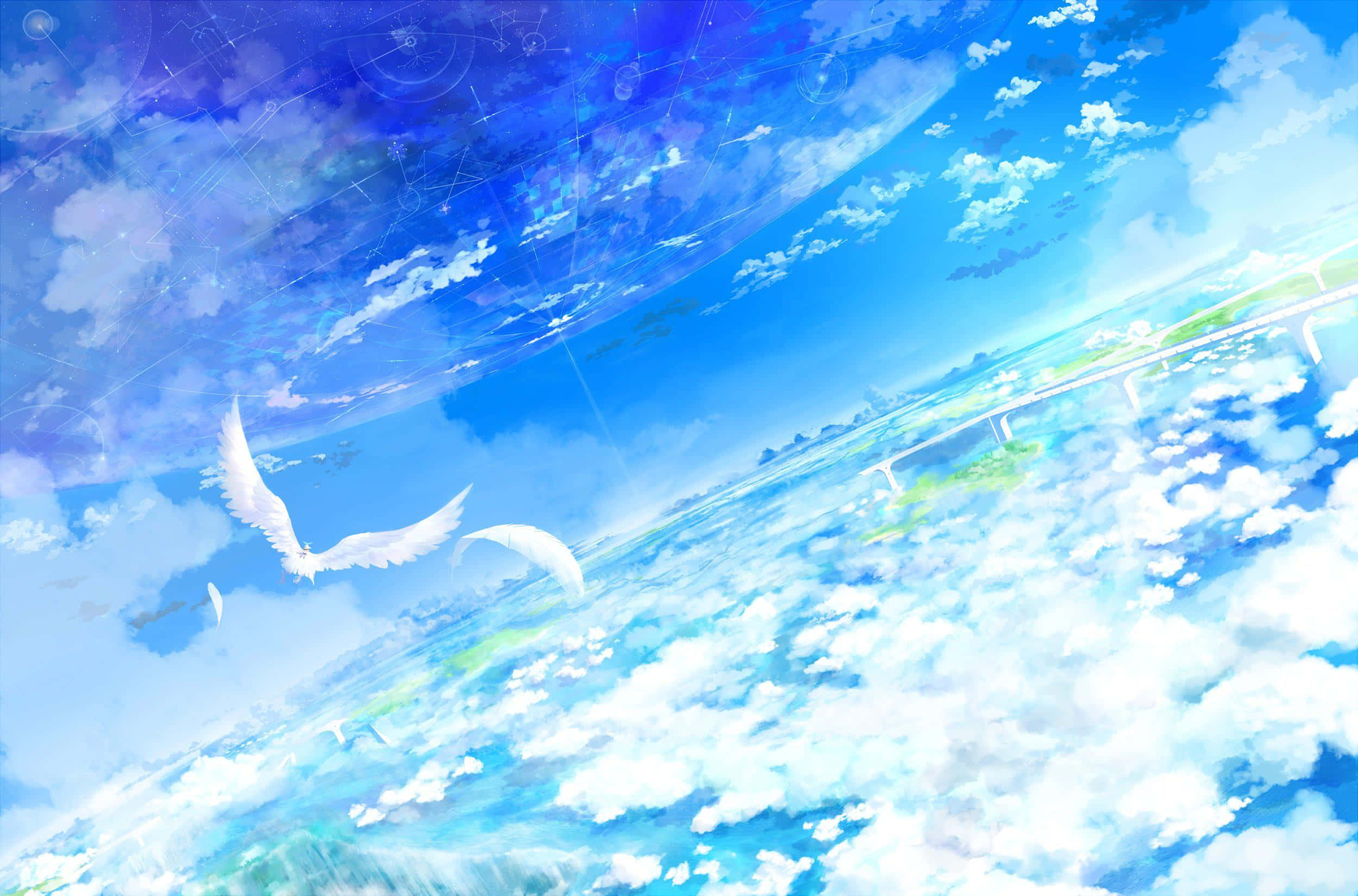 Anime Sky 桌布 壁紙 — 白翼鳥在充滿天體圖案的湛藍天空下，翱翔於蓬鬆雲層之上。