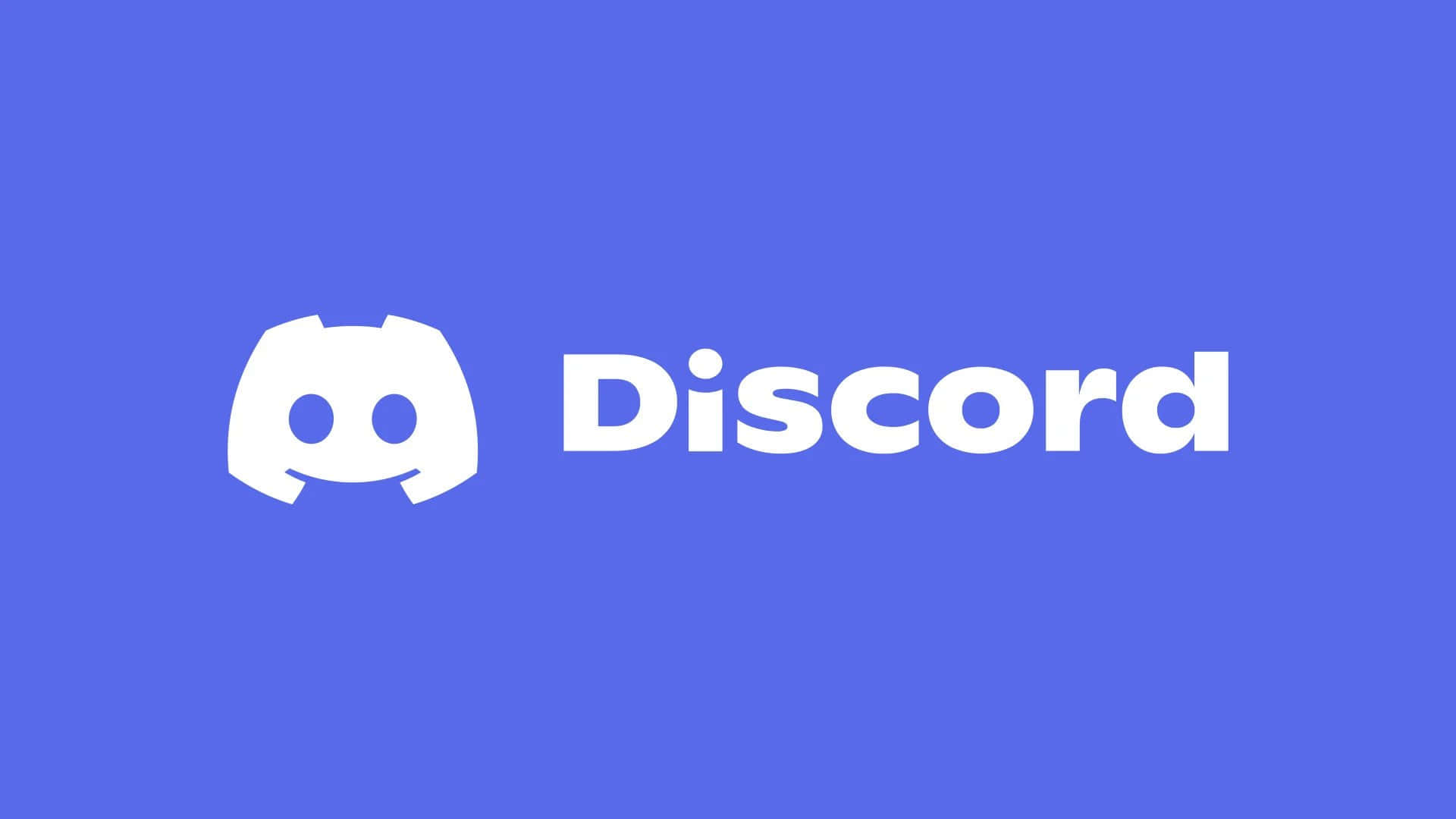 Discord 桌布 壁紙 — 白色 Discord 標誌和文字在純藍色背景上的極簡數位品牌形象。