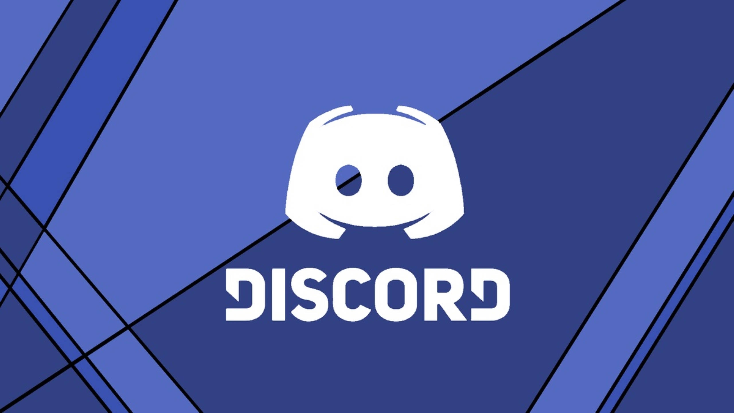 Discord 桌布 壁紙 — 白色 Discord 標誌居中於藍色漸變背景上，帶有相交的黑色對角線。