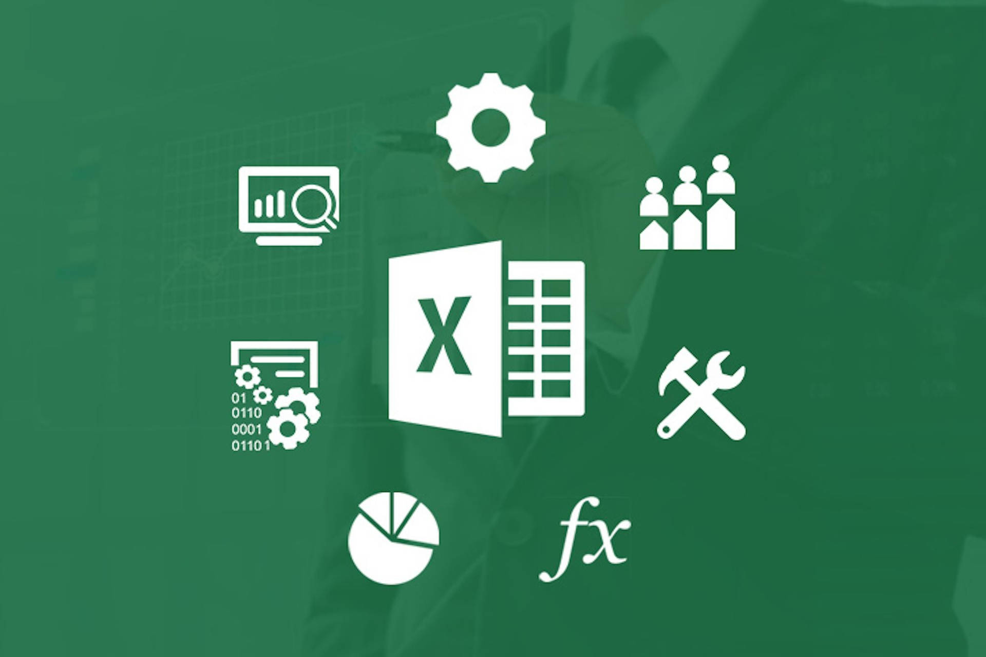 綠色背景，帶有白色 Excel 和數據分析圖示。 — Microsoft 壁紙