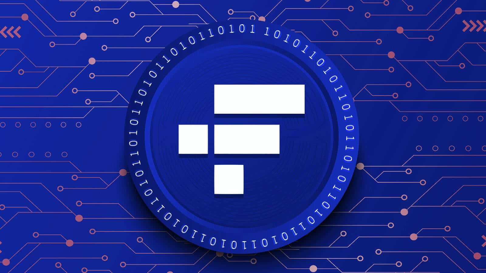 Cryptocurrency 桌布 壁紙 — 白色 Filecoin 標誌居中於藍色電路板上，帶有二進制代碼和發光的粉紅色節點。