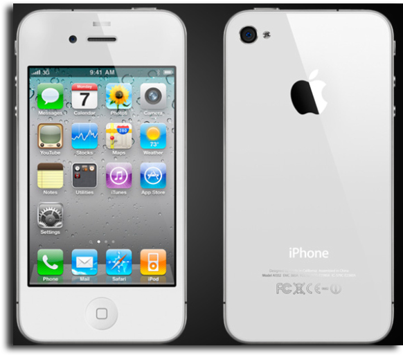 白色 iPhone 桌布 壁紙 — 白色 iPhone 4S 的前後視圖，顯示主螢幕應用程式和亮面 Apple 標誌。